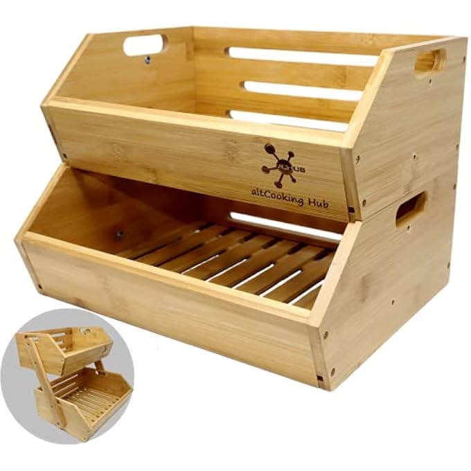 altCooking Hub BAMBOO STORAGE BIN - MULTIPURPOSE OPEN FRONT STACKING BINS FOR KITCHEN & PANTRY CONFIGURABLE AS 2 TIER FRUIT BASKET ON COUNTERTOP  IDEAL VEGETABLES, POTATO AND ONION - Image 1